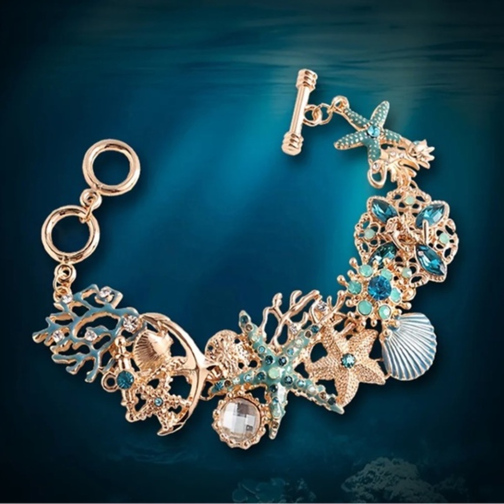 Gold & Blue Ocean-Themed Charm Bracelet Nautical Statement NWT